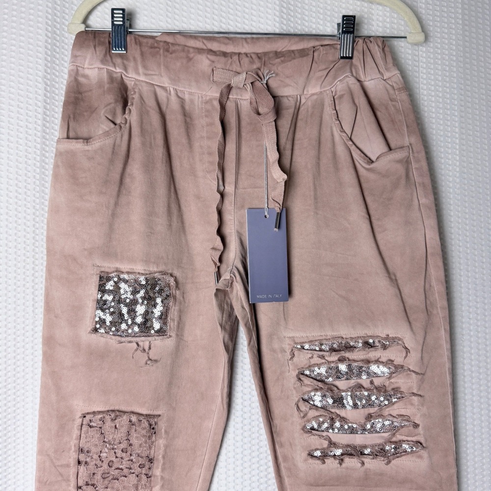 Grey Violet Jogger Pants Women S/M Rose Sequin Distressed Embellished Italy - Picture 3 of 9